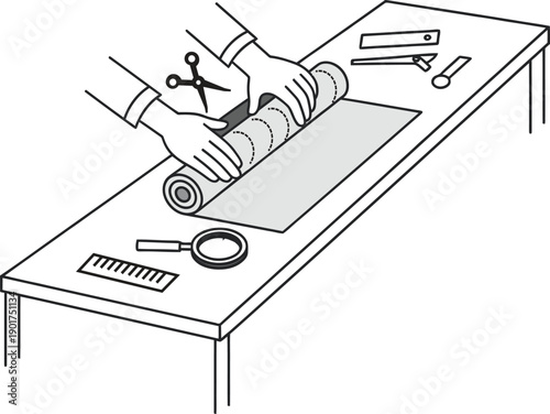 Tailor Measuring and Cutting Fabric on Work Table Vector