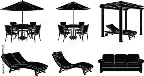Outdoor patio furniture set silhouettes, garden table chairs with umbrella, pergola lounge chairs and sofa black icons collection