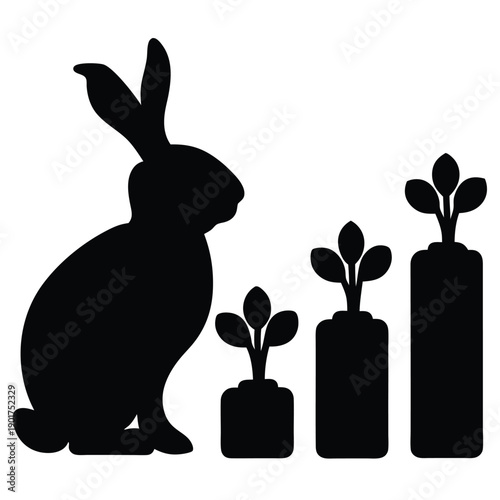 Black silhouette of a rabbit with three potted plants
