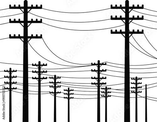 Utility poles, power lines, electricity distribution, infrastructure network, energy supply, communication lines, industrial design, perspective view, tension 