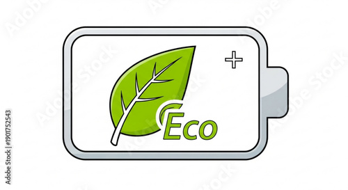 Eco friendly battery with green leaf symbol on white background for sustainable energy