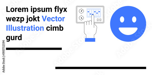 User interface, digital interaction, communication, mood , modern technology, design concepts. A hand interacting with a control panel alongside a blue happy face. User interface and digital