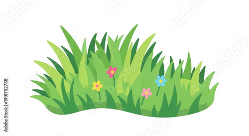 Vibrant green grass with colorful flowers growing naturally outdoors in a serene environment