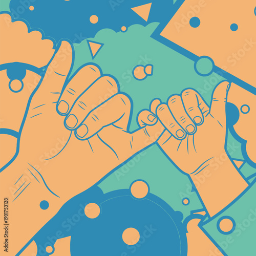 Pinky promise gesture between adult and child hands against abstract colorful shapes