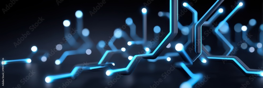 Fototapeta premium Abstract glowing blue circuit traces and nodes on a dark background, evoking a futuristic electronic network or motherboard.