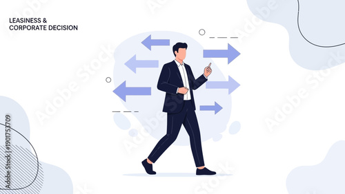 Businessman Walking Confidently with Arrows Showing Different Directions