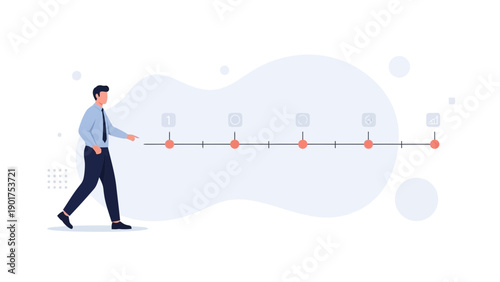 Businessman walking along timeline with steps and progress markers