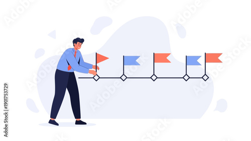 Man setting up flags on a timeline, planning strategy, business goals