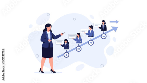 Businesswoman leading team growth and career progression on upward graph