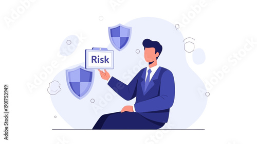 Businessman managing risk with security shields and protection concept