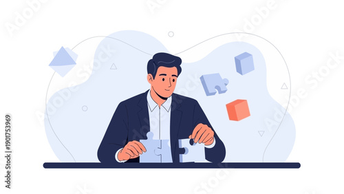 Man assembling puzzle pieces, problem solving concept, business strategy, planning