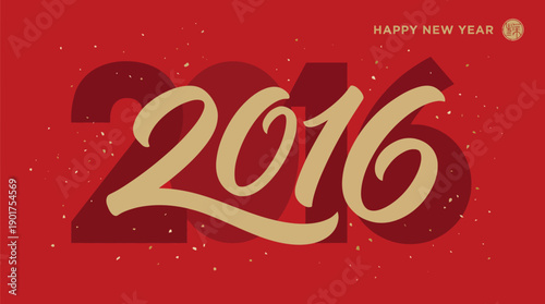 Festive red New Year 2016 graphic with gold script numerals and a Happy New Year message, elegant celebratory typography design.