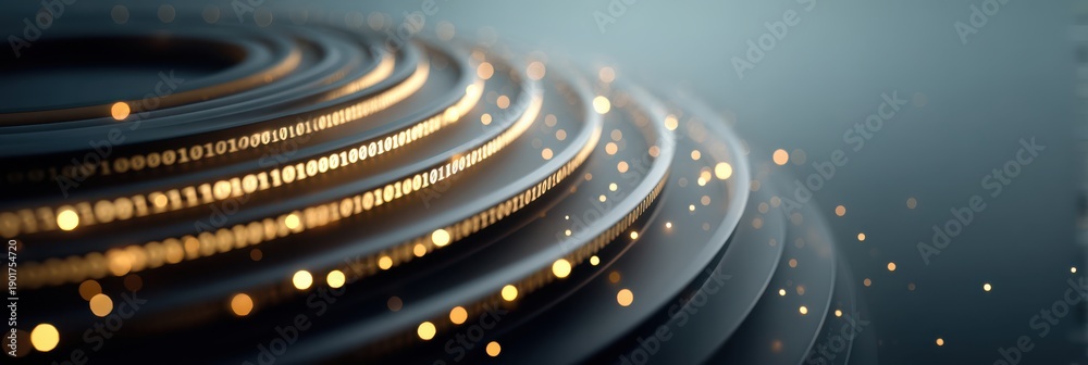 Fototapeta premium Concentric metallic rings with streaming binary code and floating golden bokeh, an abstract depiction of data storage, digital layers, and futuristic technology.
