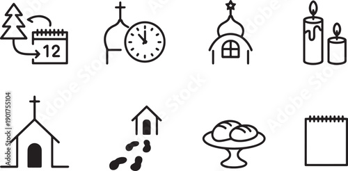 Collection of simple outline icons representing religious holidays and seasonal celebration symbols