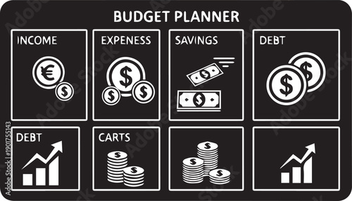 Budget planner interface with income expenses savings and debt categories vector art