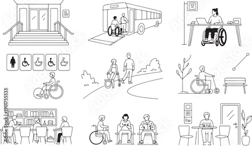 Inclusive society icons for wheelchair users accessibility in public transport office and park