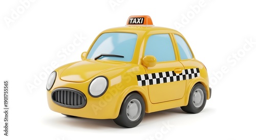 A bright yellow toy taxi car with a checkered side and orange roof light on a white background