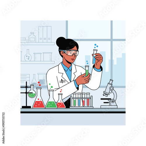 A woman in a lab coat working with chemicals and test tubes