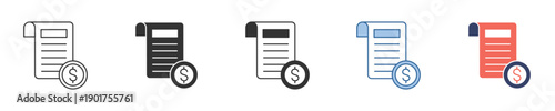 Vector icon set depicting financial documents, invoices, bills, and payment transactions, ideal for business and accounting applications