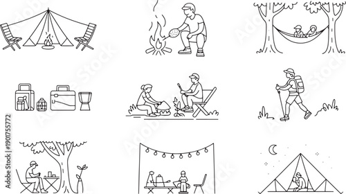 Outdoor camping and adventure icons vector collection nature activities