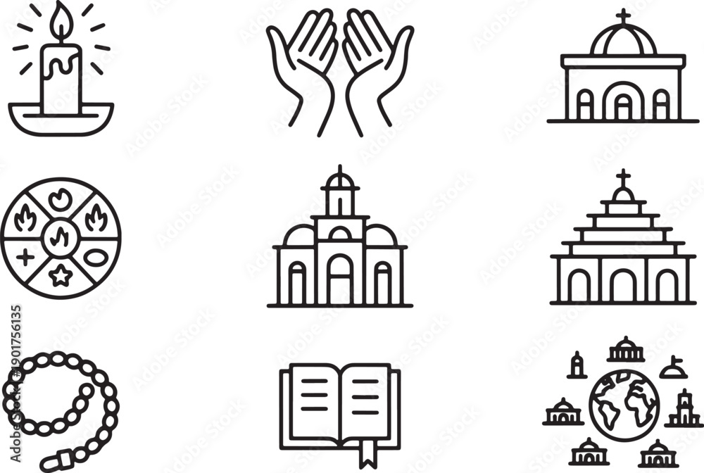 Fototapeta premium Religious architecture and spiritual symbols set of outline icons for worship and faith concept