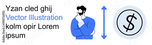 Business finance, decision-making, growth ideas, problem-solving, leadership strategies, economic concepts. A pensive man next to a dollar sign and an upward arrow. Business finance and growth ideas