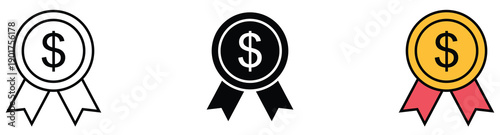 Three gold dollar award badges with ribbons vector illustration flat design