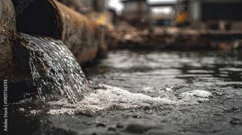 A drain pipe discharges water, creating bubbling ripples in a murky body of water, hinting at environmental pollution.