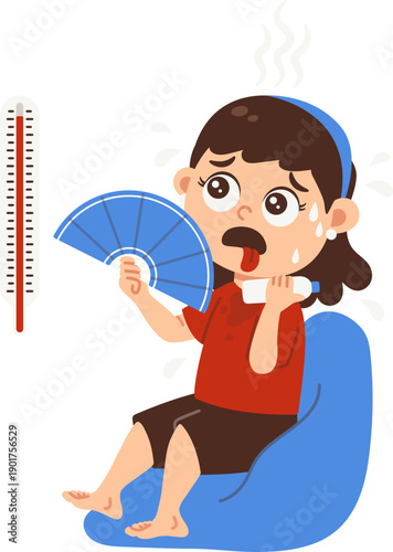 High Temperature and Heatwave with Girl Character Illustration Hold Paper Fan Sweating
