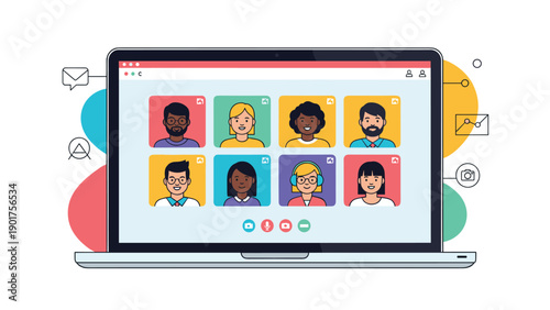 Professional laptop interface showing a video conference grid with eight diverse participants and various communication icons on a colorful background.