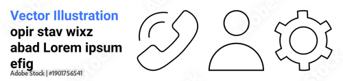 Phone, user profile, and gear icons in clean line style representing communication, user identity, and settings. Ideal for communication, technology, support, user interface app design business