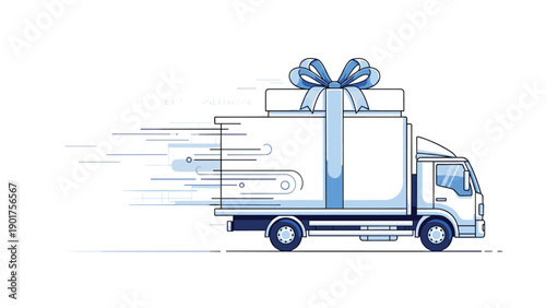 White delivery truck in motion with a large blue gift bow tied around the cargo area, symbolizing holiday shipping and special deliveries.