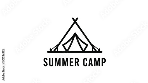 Simple minimalist logo for a summer camp featuring a black outline of a classic a-frame tent with the text centered underneath.