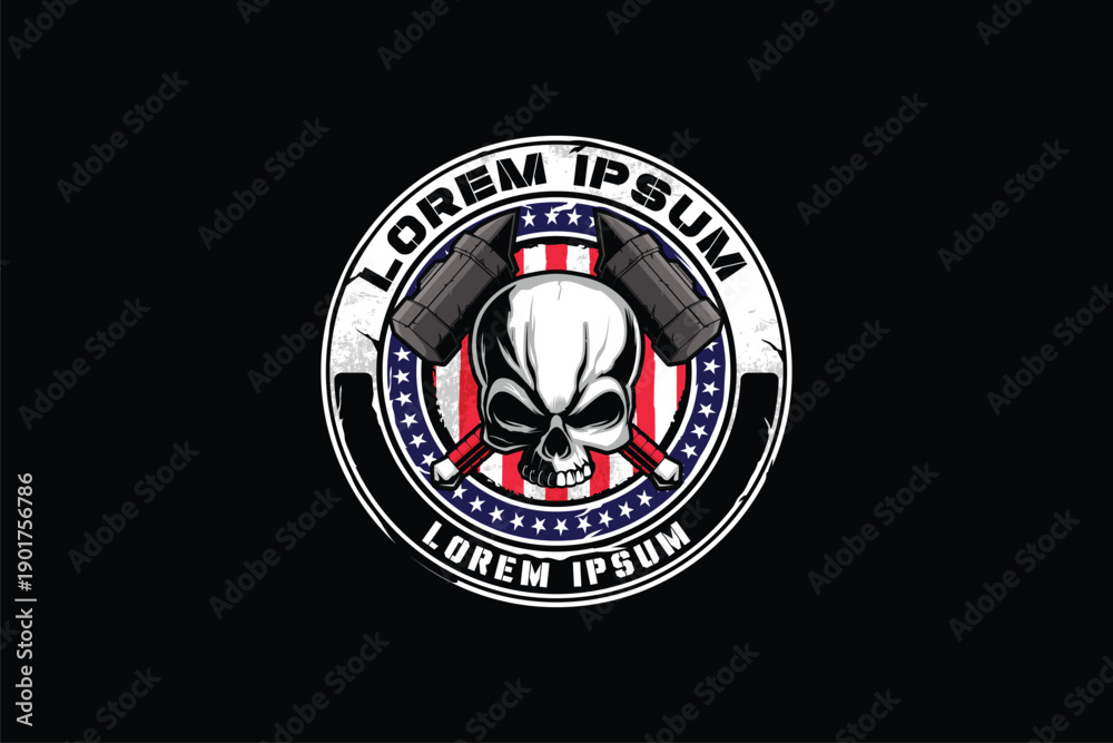 Fotografia Human Skull with cross post-apocalyptic mallet style logo vector image template