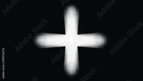 Soft stippled cross shape glowing on a black background for spiritual symbols clinical usage medical first aid icons and pharmacy signs.