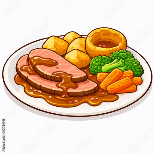 Roast Dinner Flat vector illustration of British roast dinner, roast beef, potatoes, Yorkshire pudding, vegetables, and gravy, clean flat vector design, bold simple shapes
