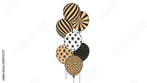 Elegant bunch of gold and black balloons with various sophisticated patterns for high end events wedding anniversaries and luxury parties.