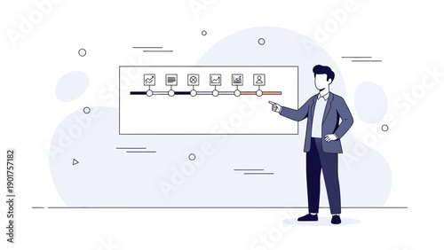 Businessman pointing at timeline with icons on a whiteboard