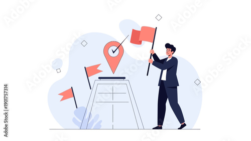 Man holding flag at goal podium with map pin and flags, achieving success concept