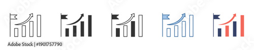Progressive business growth concept illustrated by a rising bar chart icon with a flag, representing successful achievement of goals, financial milestones, and continuous market development strategy
