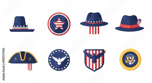 Flat vector icons depicting patriotic symbols and presidential hats in red, white, and blue colors, including badges and emblems, arranged on a plain white background.
