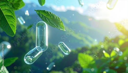 Transparent capsules and green leaves floating in mid-air against a serene natural landscape with lush trees and rolling hills under a bright sunny sky