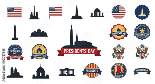 Collection of flat vector icons and symbols for Presidents Day, including patriotic badges, president hats, monument silhouettes, and American flags on a white background.