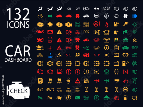 Set of car dashboard icons and warning lights. Automotive instrument panel indicators, symbols, and gauges vector collection for vehicle interface design and maintenance.