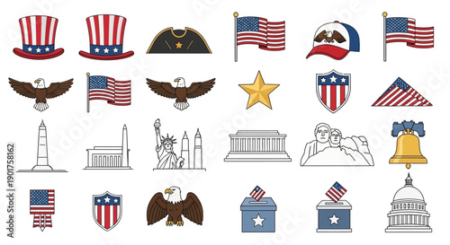 A collection of patriotic icons including flags, hats, monuments, and symbols arranged on a white background in a flat vector illustration style with a mix of colors and gray tones.