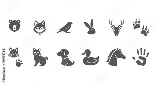 Collection of Animal Icons and Paw Prints.