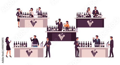 Vector illustration of people enjoying wine and spirits at a Parisian expo with vineyard decor and celebratory atmosphere.