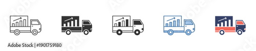 Icon set depicting delivery trucks with bar charts, symbolizing logistics growth, shipping progress, and business performance analysis in transportation