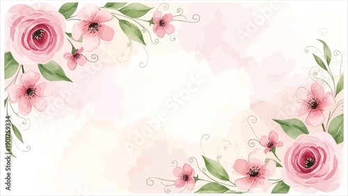 Elegant pink floral frame with soft watercolor background