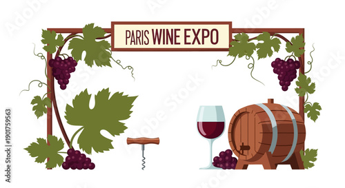 Vector illustration of a wine expo stand with a barrel, glass of red wine, grapes, and corkscrew, set against a white background with a Paris Wine Expo sign.